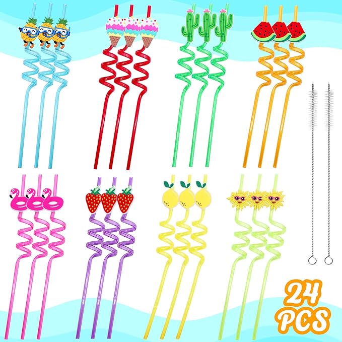 Summer Reusable Drinking Straws 24 Packs Pool Party Decorations Beach Fruit - Image 2