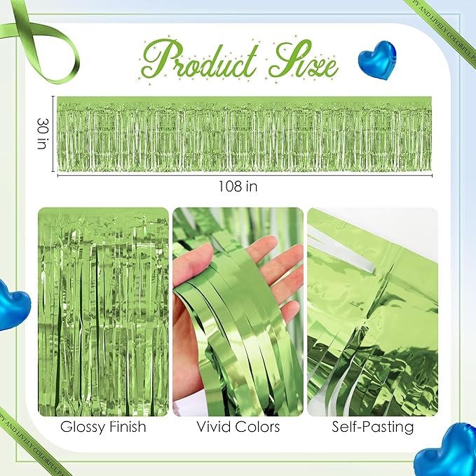 2 Pack Lake Blue Lime Green Table Skirts, 29x108" Metallic Foil Tinsel Fringe - Image 3