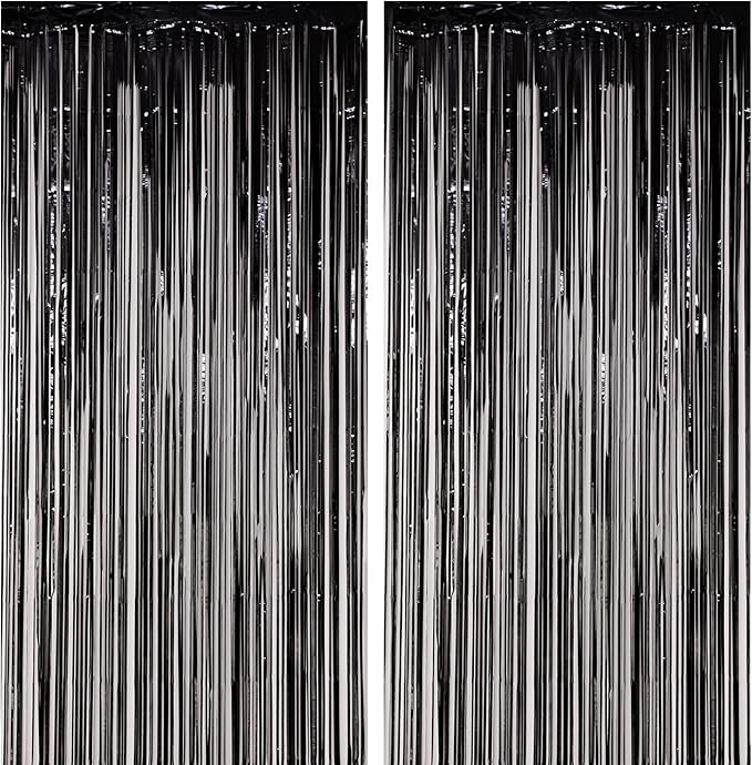2 Pack Black Foil Fringe Backdrop Curtains, Tinsel Streamers Birthday Party by Voircoloria