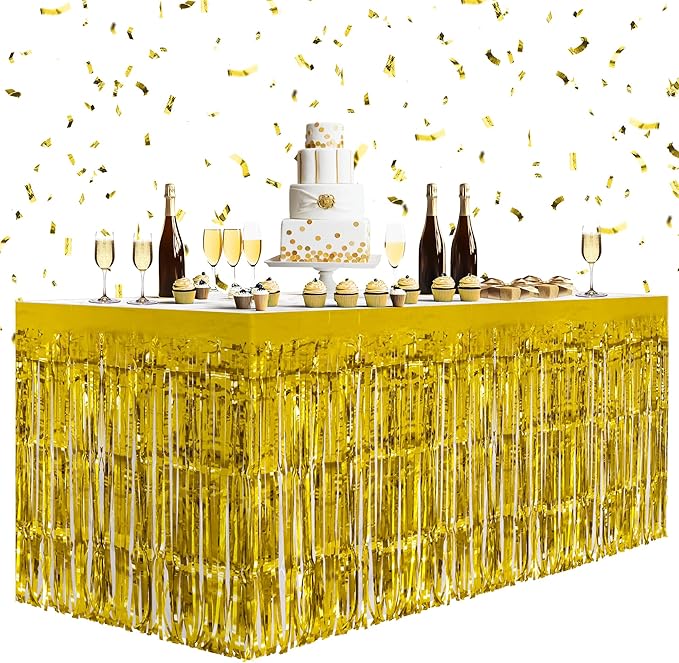 2 Pack Gold Table Skirts, 29x108" Metallic Foil Tinsel Fringe Table Skirts by Unknown