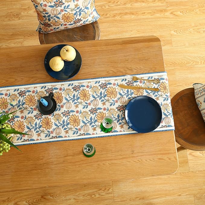 ISAENNE Designer Bohemian Elegant Linen Table Runner 102 Inches Long, Floral - Image 8
