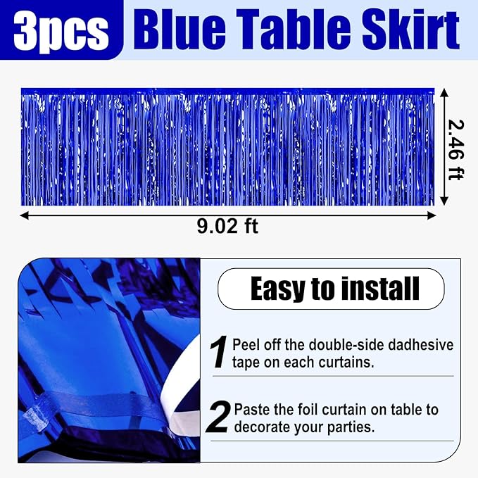 3 Pack 29x108 Inch Blue Foil Fringe Table Skirts Metallic Banner - Image 2