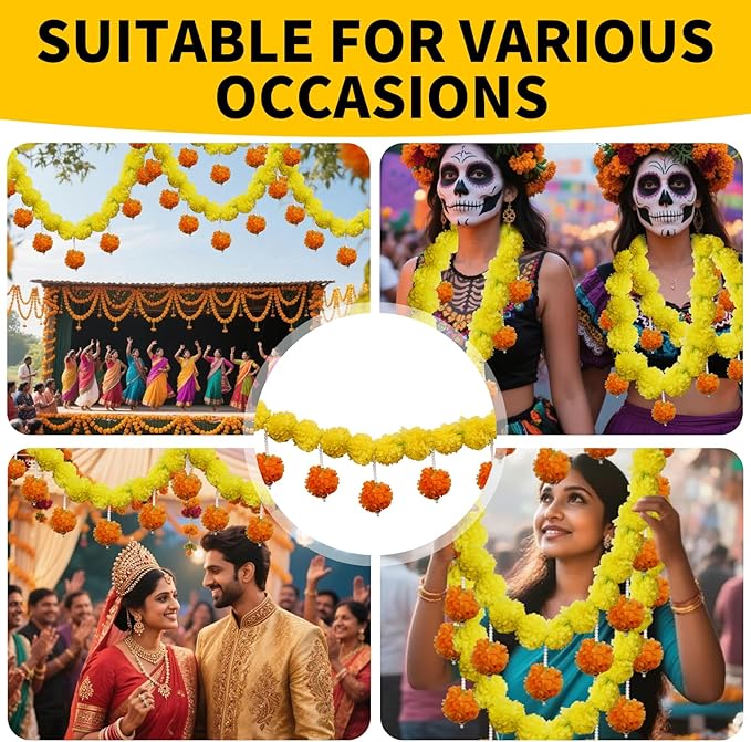 5 Pcs Marigold Garland Diwali Decor Artificial Flowers, 4.5 Feet Artificial - Image 6