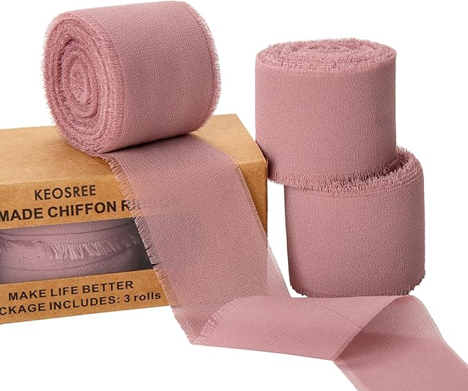 3 Rolls Dusty Rose Handmade Chiffon Ribbon, 1.5" x 21Yd Frayed Fringe Silk by KEOSREE