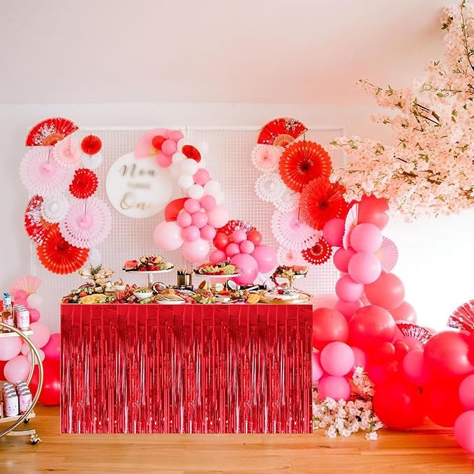 BEISHIDA 2 Pack Red Table Skirts Party Decorations Metallic Tinsel Foil Fringe - Image 4