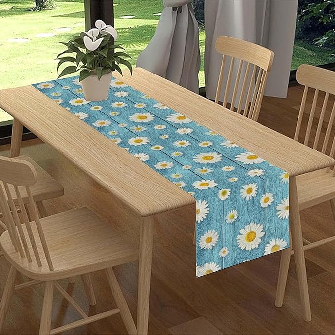 Daisy Floral Table Runner, Farmhouse Abstract Spring Seasonal Summer Blue White - Image 3