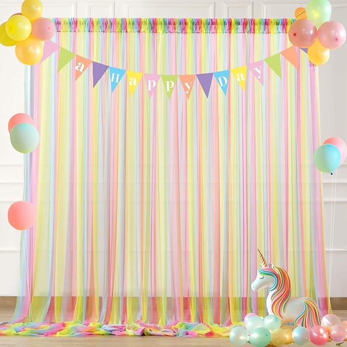 Rainbow Tulle Backdrop Curtain for Birthday Party10ft x 8ft Rainbow Sheer - Image 2