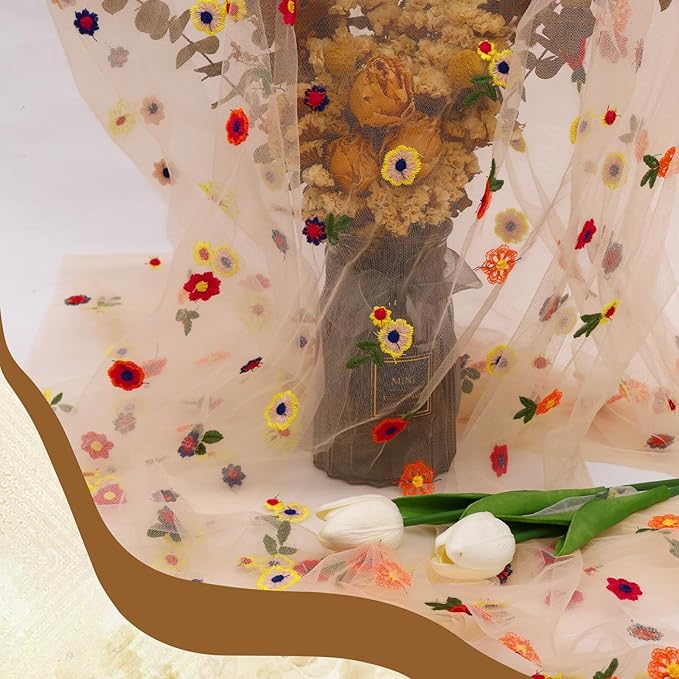 Champagne Floral Table Runner 10 FT, Embroidery Daisy Table Runners Seasonal - Image 2