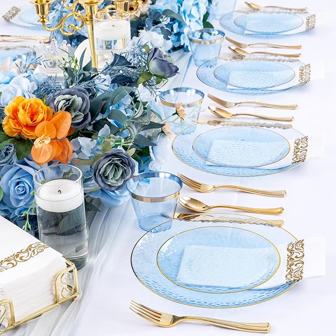 Rubtlamp 350 Pcs Clear Blue Plastic Plates, Hammered Party Plates Set - Image 7