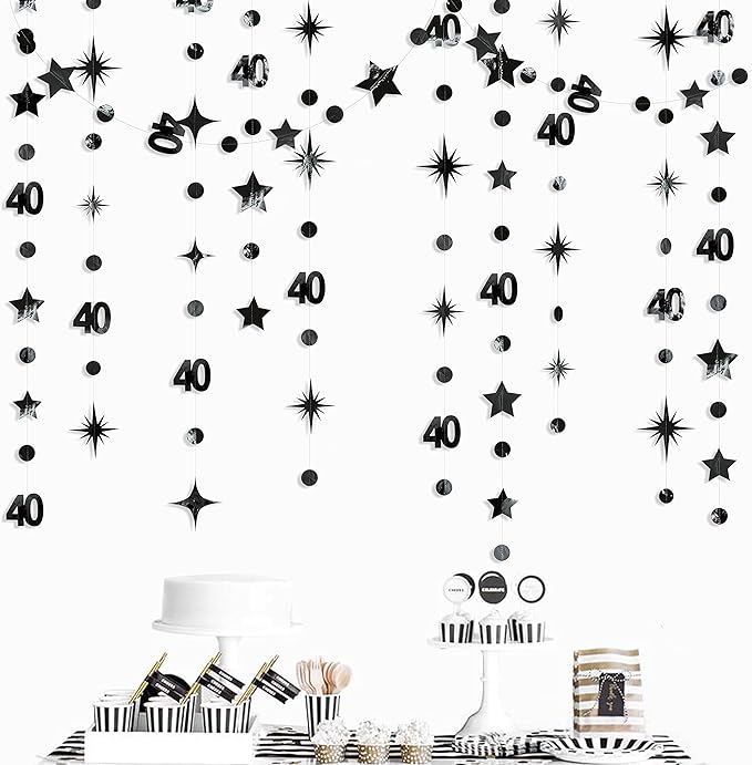 Black 40th Birthday Decorations Number 40 Circle Dot Twinkle Star Garland - Image 5