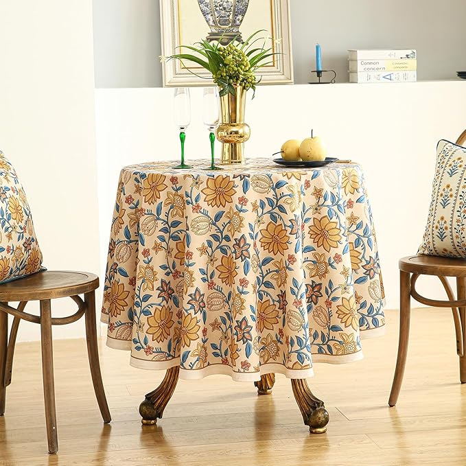 ISAENNE Designer Bohemian Floral Small Round Tablecloth, Linen Colorful Table - Image 2