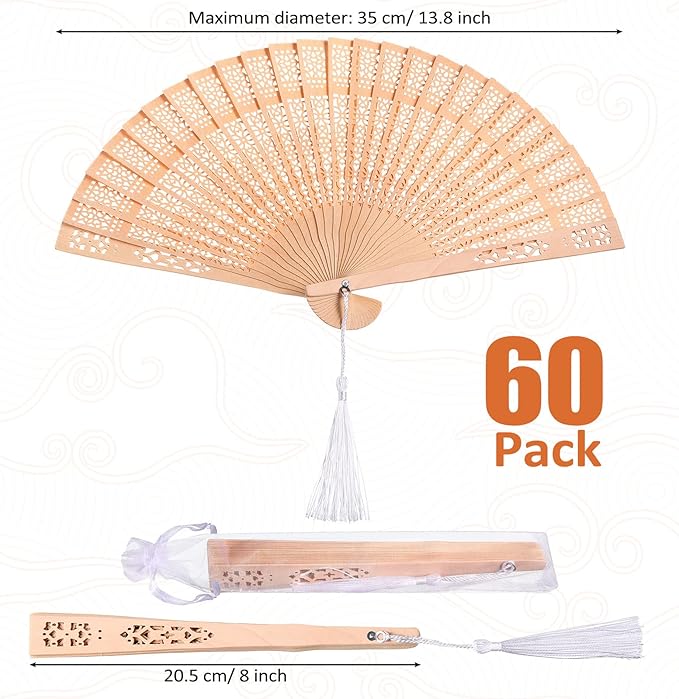 Qunclay 60Pcs Wooden Hand Fans Folding Wedding Fans - Image 2