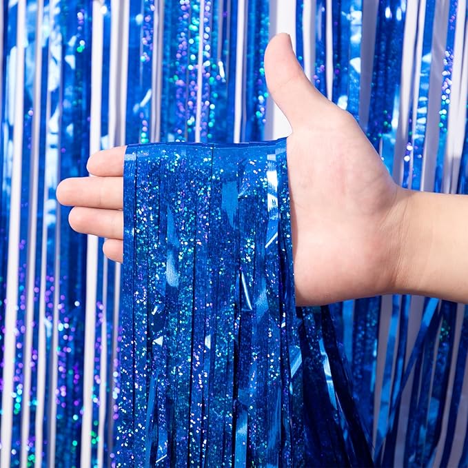 2 Pack Blue Tinsel Foil Fringe Curtains, Metallic Tinsel Party Streamers - Image 2