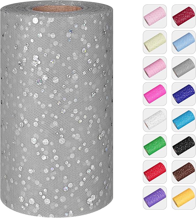 Glitter Tulle Rolls, 6” by 50 Yards Sequin Tule Netting Fabric Tulle by ICOSHOW