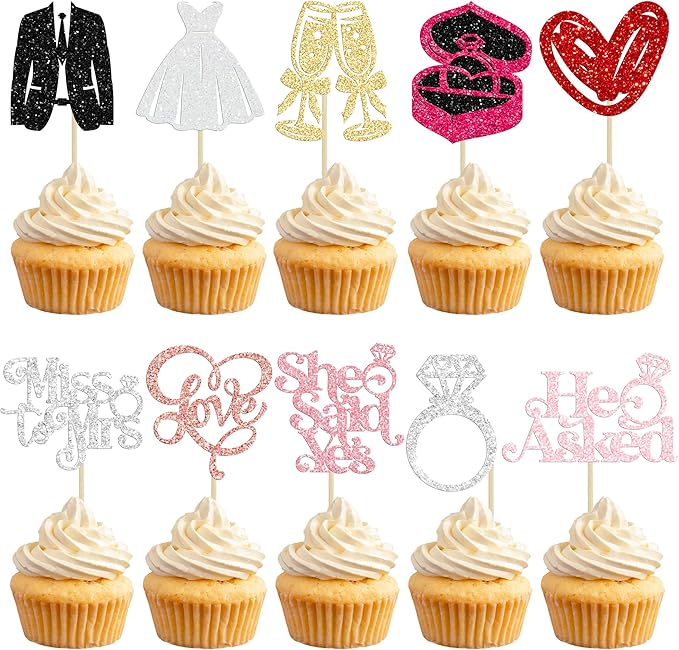 Gyufise 30Pcs She Said Yes Cupcake Toppers Glitter Diamond Ring I Do Love by Gyufise