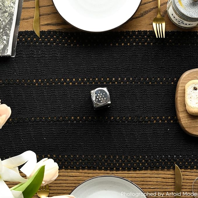 Artoid Mode Black Farmhouse Woven Rustic Hollow Table Runner, Seasonal Holiday - Image 3