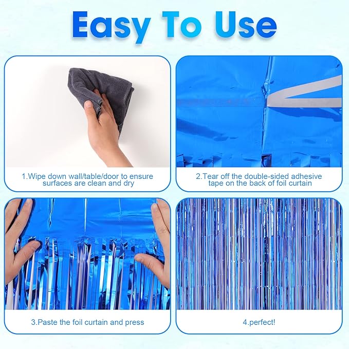 4 Pack Blue Foil Fringe Backdrop Curtains, Tinsel Streamers Birthday Party - Image 4