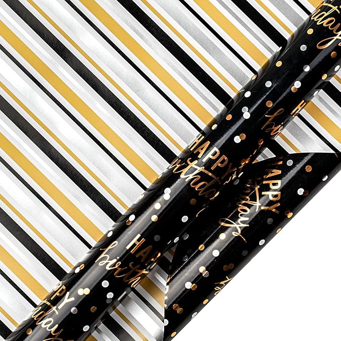 LeZakaa Reversible Black Birthday Wrapping Paper Roll - Image 6