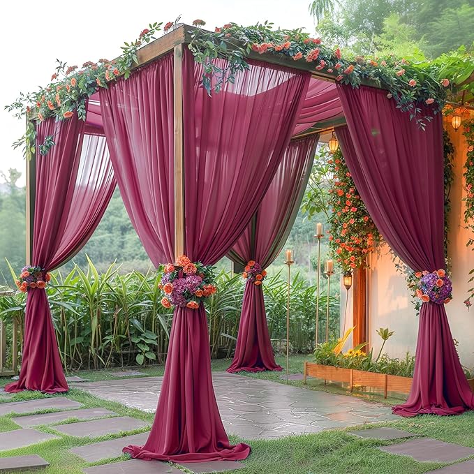 10ft x 10ft Burgundy Backdrop Curtains, Wrinkle-Free Sheer Chiffon Fabric Photo - Image 2