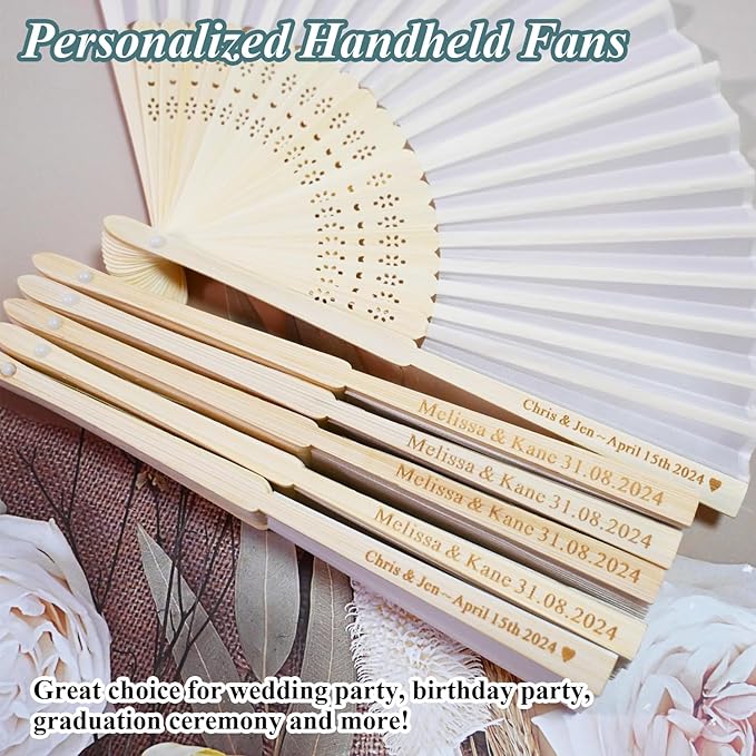 Personalized 15 Pcs White/Pink/Purple Silk-Bamboo Folding Hand Fans, Custom - Image 2