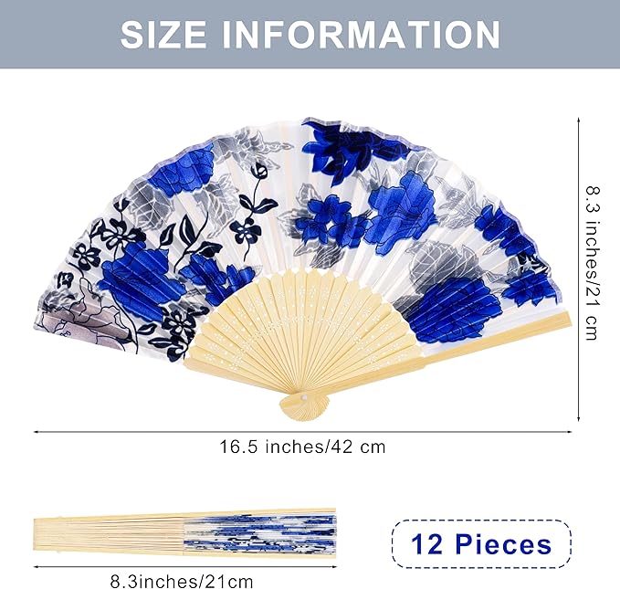 durony 12 Pieces Floral Folding Fans Silk Bamboo Handheld Fans Vintage Handheld - Image 2