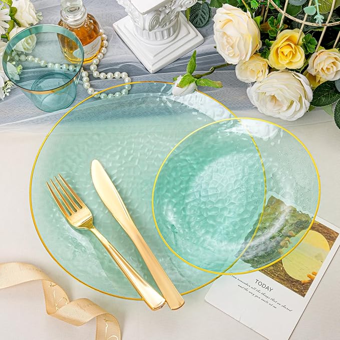 Rubtlamp 175 Pcs Green Plastic Plates Dinnerware Set, Hammered Plates Sets - Image 4