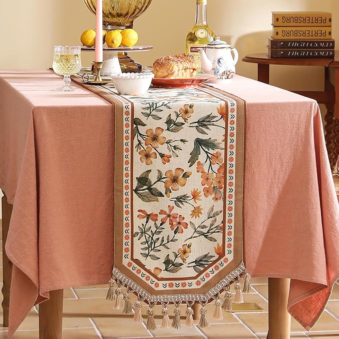 Vintage Small Linen Table Runner, Floral Table Runners 63 Inches Long, Soft and by bilingaier