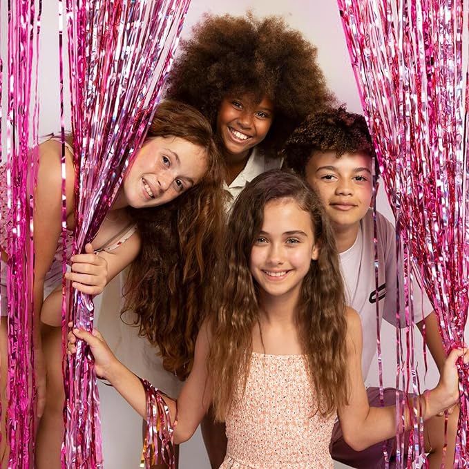 2 Pack Foil Curtain Backdrop Pink Metallic Tinsel Foil Fringe Curtains Photo - Image 4
