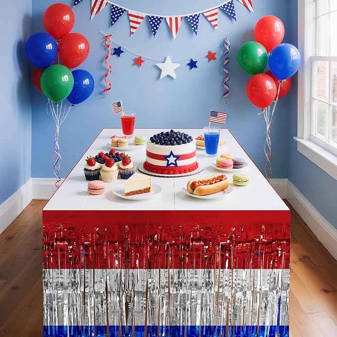2 Pack Red&White&Blue Table Skirts, 29x108" Metallic Foil Tinsel Fringe Table - Image 5