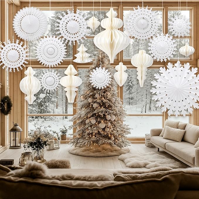 Cinnvoice 16 Pcs White Paper Snowflake Decorations 12 Pcs Christmas Paper - Image 5