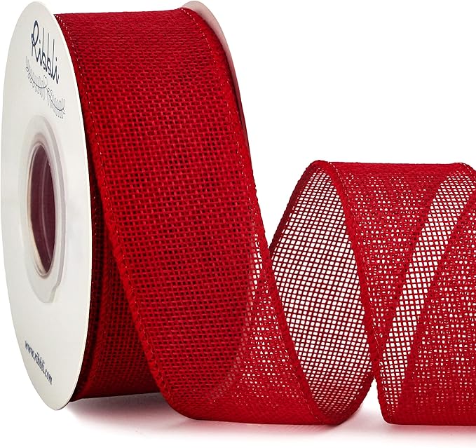 Ribbli Red Burlap Wired Ribbon, 1-1/2 Inch x 10 Yard, Wired Edge Ribbon by Ribbli