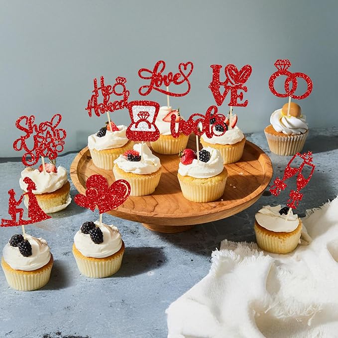 Ephlyn 30Pcs He Asked She Said Yes Cupcake Toppers Glitter Engagement Cupcake - Image 4