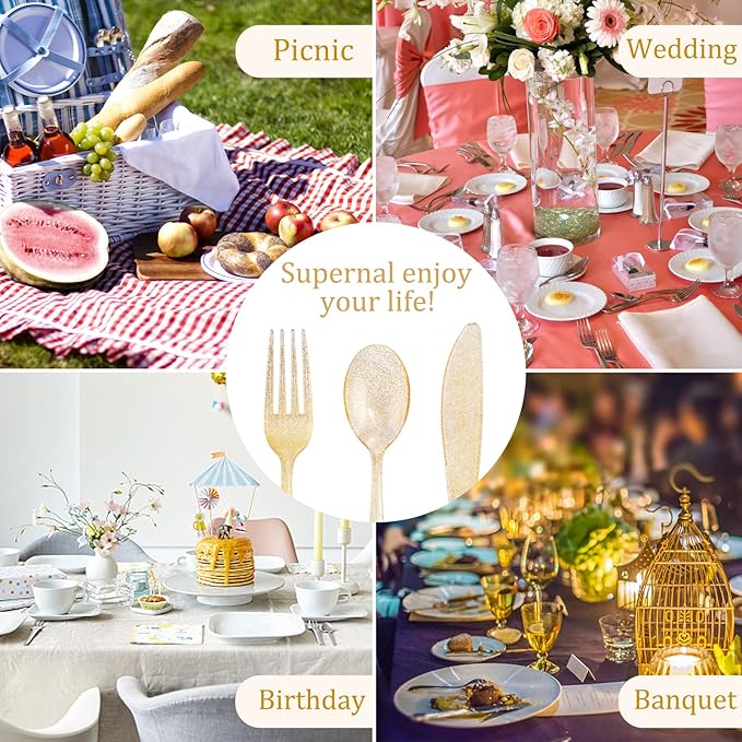 Supernal 300pcs Gold Glitter Plastic Cutlery Disposable Utensils Gold Plastic - Image 5