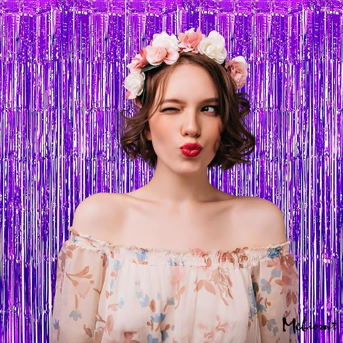 4 Pack Purple Fringe Curtain Backdrop, 3.2Ft x 6.6Ft Metallic Tinsel Foil - Image 5