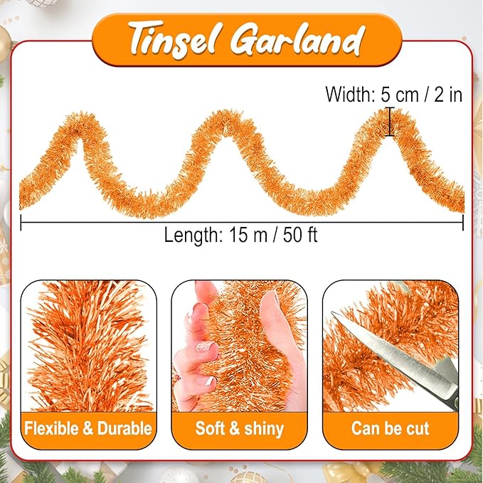 50 Feet Macaron Orange Christmas Tinsel Garland, Metallic Foil Twist Banner - Image 2