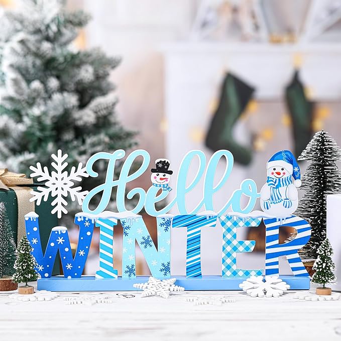 Winter Metal Sign Hello Winter Table Decor Christmas Tiered Tray Decor - Image 3