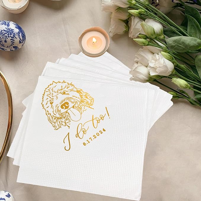 Luxury Personalized Illustrated Dog Wedding Napkins, Personalized Photo Napkins by Evamall