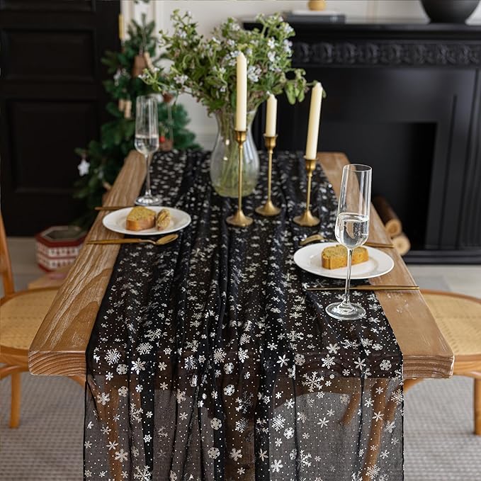 Silvery Snowflake Metallic Print Tulle Christmas Table Runner, Seasonal Winter by Gzcvba