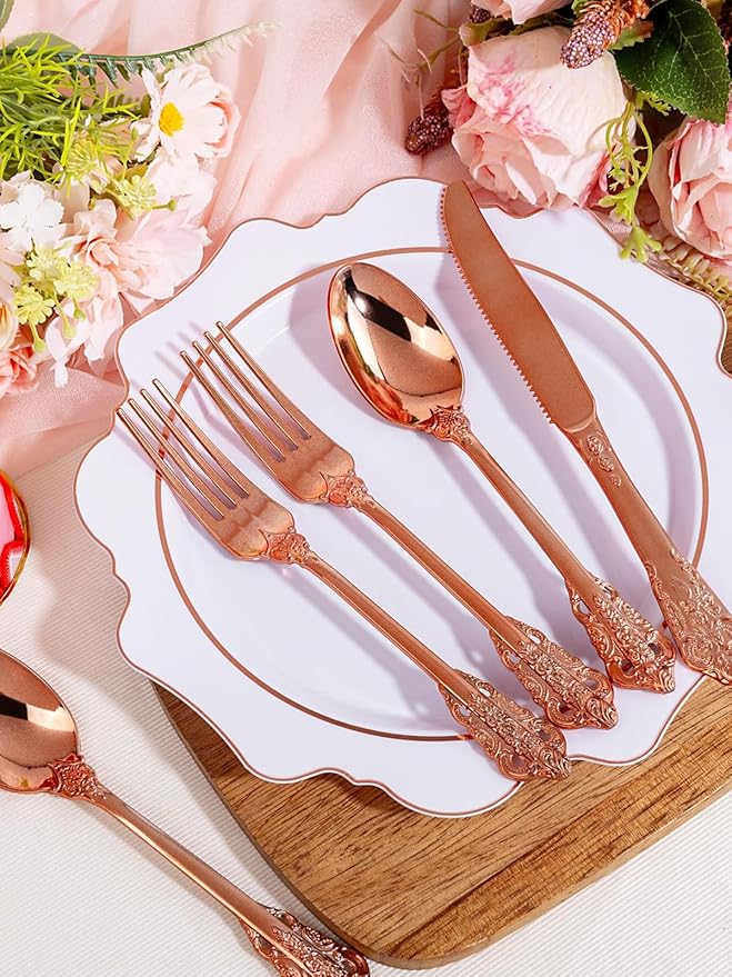 WDF 120Pieces Rose Gold Plastic Silverware - Image 4