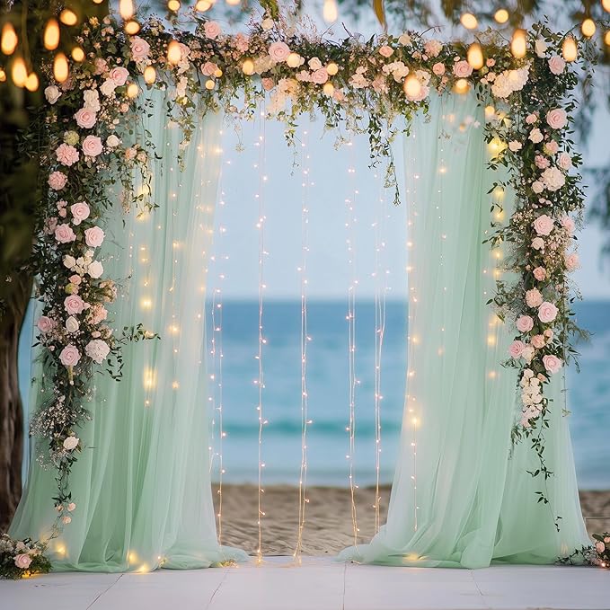 Tulle Backdrop Curtain with Lights String 10FT X 10FT Sage Green Sheer Tulle - Image 7