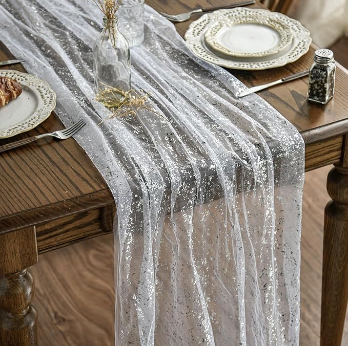 Artoid Mode White Silver Gauze Table Runner 120 Inch 10FT, Glitter Metallic by ArtoidMode
