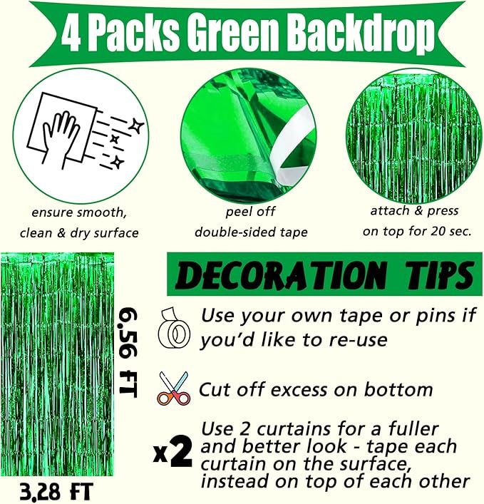 4 Pack Green Fringe Curtain Backdrop, 3.2Ft x 6.6Ft Metallic Tinsel Foil Fringe - Image 2