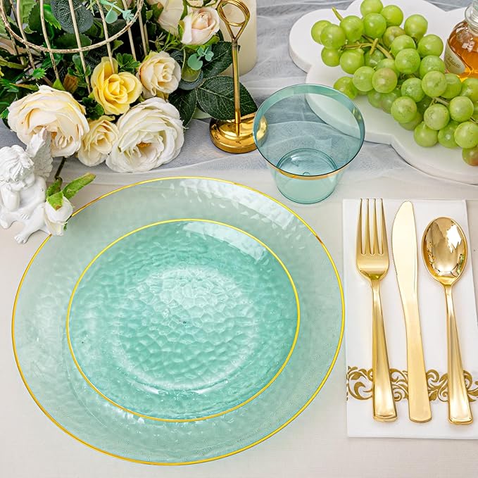 Rubtlamp 175 Pcs Green Plastic Plates Dinnerware Set, Hammered Plates Sets - Image 6
