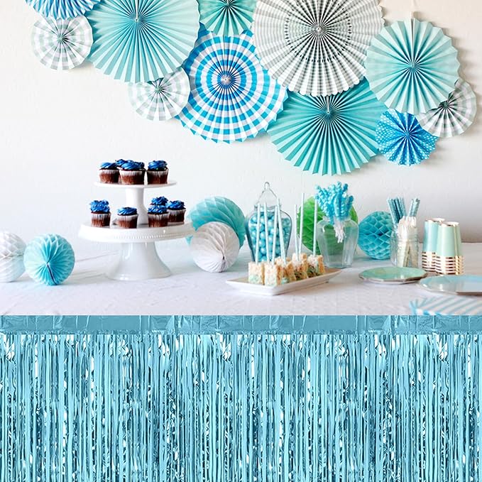 3 Pack 29 x108 Inch Light Blue Foil Fringe Table Skirts Metallic Banner - Image 4