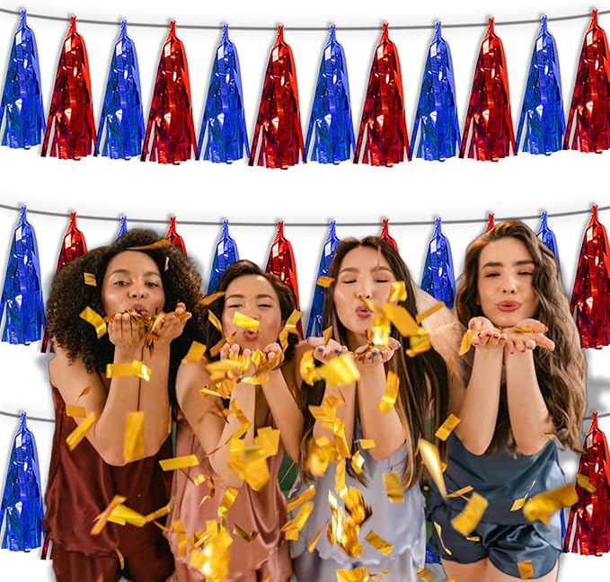 3P Blue Red Metallic Fringe Tassel Banner Garland Foil Tinsel Streamer Wall - Image 6