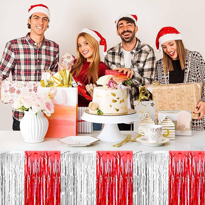 3 Pack 29 x108 Inch Red and Silver Foil Fringe Table Skirts Metallic Banner - Image 6