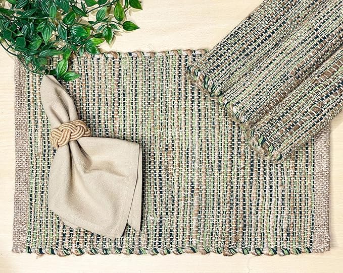 Chardin Home Natural Jute & Green Placemats, 13x19 Inch Dining Table Placemats by ChardinHome