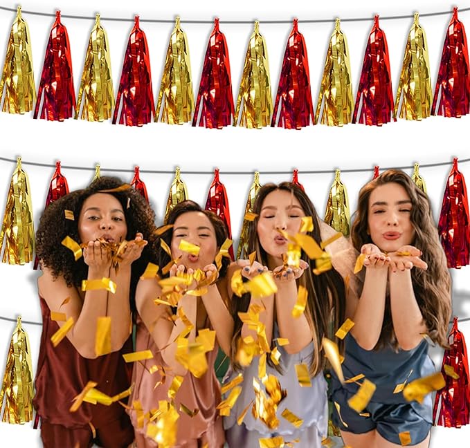 3P Red Gold Metallic Fringe Banner Garland Foil Tinsel Streamer Wall Hanging - Image 6