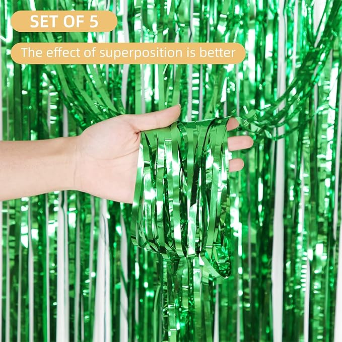 5 Pack Green Foil Curtain Backdrop 3.2ft x 9.8ft Metallic Tinsel Foil Fringe - Image 2