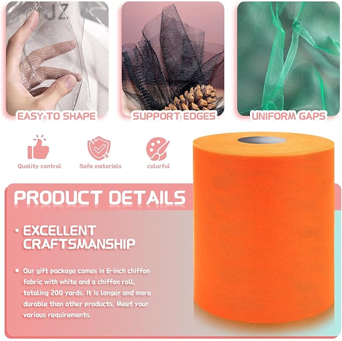6" x 200 Yards Orange Tulle Fabric Rolls - Image 3